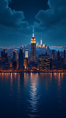 Fototapeta premium “New York City Skyline at Night” – A glowing New York City skyline illuminated by city lights under a dark blue night sky, with reflections shimmering on the Hudson River. 