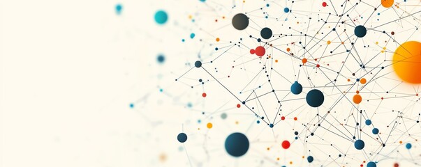 Abstract network connections with colorful spheres and interconnected dots, symbolizing digital communication and modern technology, set against a light beige backdrop