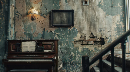 Vintage frame mockup with weathered details, positioned on a rustic wall, ideal for classic-style posters