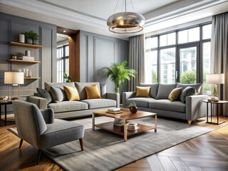 Fototapeta premium Modern gray living room furniture blends style and comfort, creating a sophisticated and inviting space.
