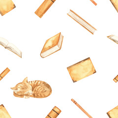 Watercolor seamless pattern with books, open, closed, covers for textures and prints, education, study, library