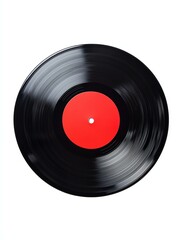 Obraz premium A classic black vinyl record with a red center, showcasing timeless music and retro aesthetics.