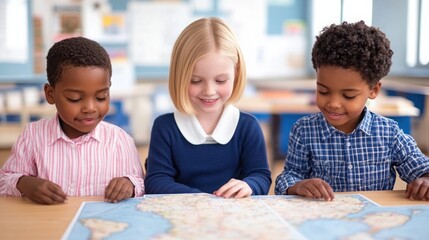 Fototapeta premium Children Exploring a Map Together in a Classroom Setting, Engaging in Cooperative Learning and Discovering Geography Through Playful Interaction and Curiosity