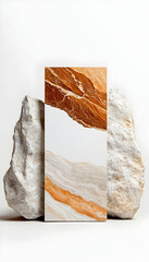 Onyx tile sample, studio backdrop, white rocks, interior design, texture.