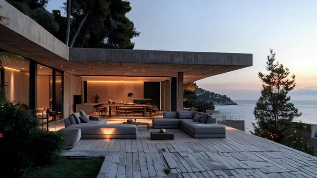 A dark wood and concrete outdoor terrace with a large seating area overlooking the sea, grey sofas and a coffee table on the floor, in a minimalist architectural style