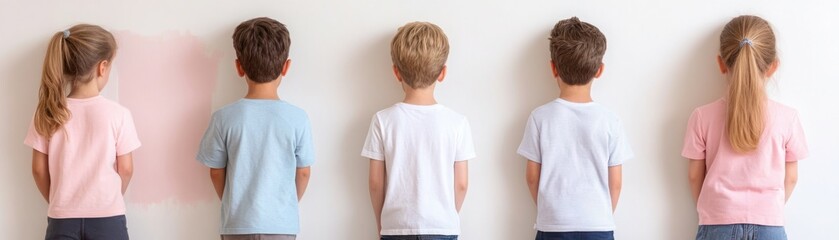 Fototapeta premium Children Standing in a Row Against a Wall with Different Background Colors, Showcasing Various Shirt Colors and Hairstyles, Capturing Innocence and Curiosity