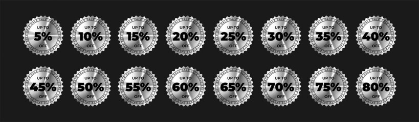 Holographic stickers set with  5 to 80 percent off discount. Percentage hologram labels. Golden rainbow shiny emblems, tags. Isolated neon vector illustration