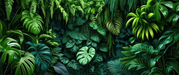 Fototapeta premium Lush tropical foliage, dense jungle undergrowth, vibrant green leaves, exotic plants, Monstera deliciosa, ferns, philodendron, dark moody atmosphere, rich botanical textures, rainforest flora, deep sh