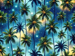 Tropical Night Palm Tree Seamless Pattern: Dark Floral Wallpaper Print Design