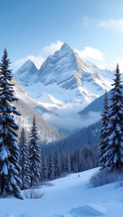 Fototapeta premium “Rocky Mountains in Winter” – A majestic view of snow-covered Rocky Mountains with towering peaks, dense pine forests, and a bright blue sky. 