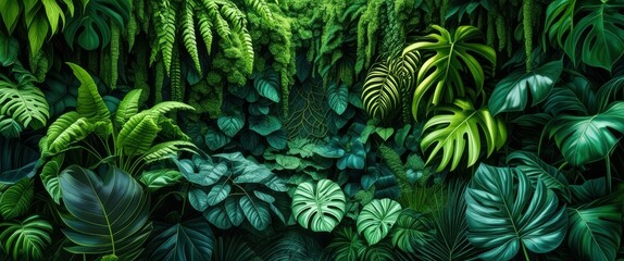 Fototapeta premium Lush tropical foliage, dense jungle undergrowth, vibrant green leaves, exotic plants, Monstera deliciosa, ferns, philodendron, dark moody atmosphere, rich botanical textures, rainforest flora, deep sh