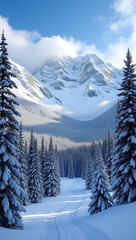 Fototapeta premium “Rocky Mountains in Winter” – A majestic view of snow-covered Rocky Mountains with towering peaks, dense pine forests, and a bright blue sky. 