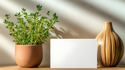Thyme plant, blank card mockup, wooden vase, sunlit room, branding design.