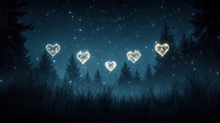 A serene night scene with glowing hearts amidst dark trees, creating a magical and romantic atmosphere.