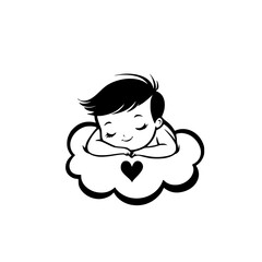 Obraz premium Cute Baby Resting on Cloud Illustration, Adorable minimalist black-and-white illustration of a baby peacefully sleeping on a cloud with a heart symbol below.