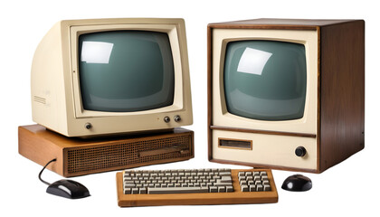 Vintage desktop computers with blank screens cut-out on a white background. Retro monitors, keyboards, and towers. Perfect for tech, history, and digital evolution themes.
