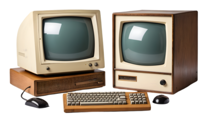 Vintage desktop computers with blank screens cut-out on a white background. Retro monitors, keyboards, and towers. Perfect for tech, history, and digital evolution themes.

