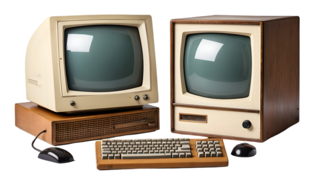 Vintage desktop computers with blank screens cut-out on a white background. Retro monitors, keyboards, and towers. Perfect for tech, history, and digital evolution themes.
