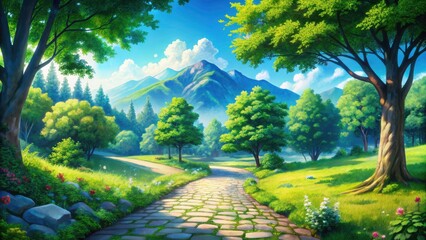 Obraz premium Lush woodland, cobblestone path, and a breathtaking mountain view create a tranquil anime summer scene.