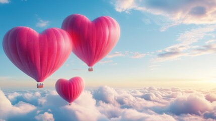 Fototapeta premium Three pink heart-shaped hot air balloons float above fluffy clouds against a bright blue sky, creating a whimsical and romantic atmosphere.