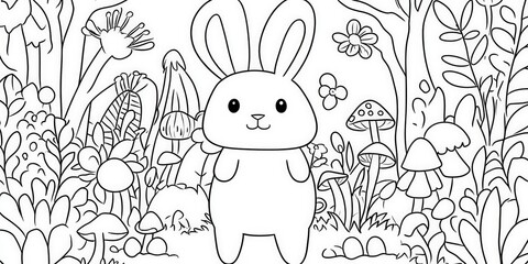A cute, cartoon-style bunny stands in a vibrant forest filled with various plants and mushrooms, designed for coloring.