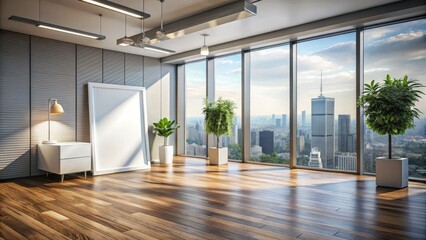 Obraz premium Modern office panoramic city bokeh, gray walls, wooden floors, daylight mockup poster.