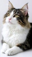 Obraz premium A close-up portrait of a fluffy cat with striking green eyes, showcasing its elegant fur and serene expression. The background is softly blurred, emphasizing the cat's features.