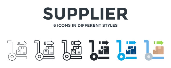 SUPPLIER icon in different style vector illustration. Designed in thin line, regular line, bold line, glyph, color fill, and flat style can be used for web