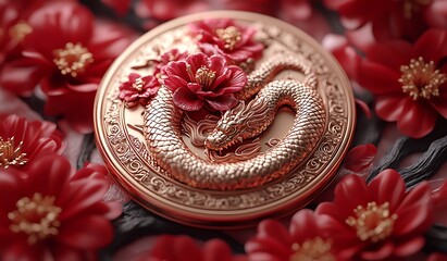 Naklejka premium Gold Dragon on a Round Gold Object with Flowers 