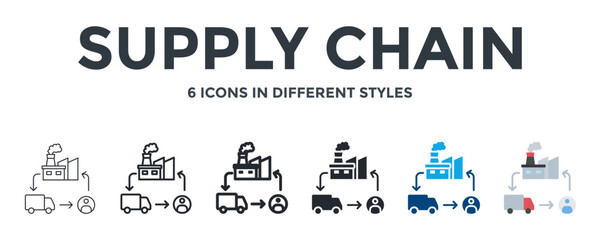 SUPPLY CHAIN icon in different style vector illustration. Designed in thin line, regular line, bold line, glyph, color fill, and flat style can be used for web