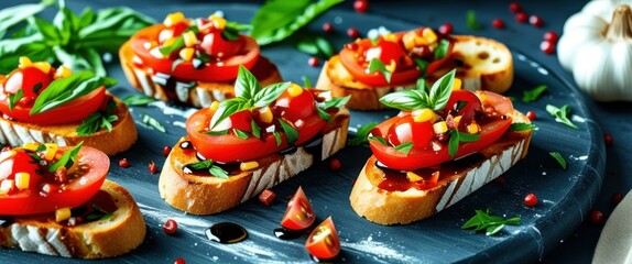 Obraz premium Italian bruschetta, toasted baguette slices, fresh cherry tomatoes, basil leaves, olive oil drizzle, black olives, rustic wooden board, vibrant colors, appetizing close-up, Mediterranean cuisine, fres