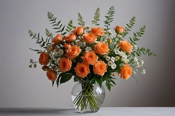 there is a vase with orange roses and white flowers in it