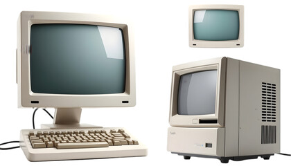 Vintage desktop computers with blank screens cut-out on a white background. Retro monitors, keyboards, and towers. Perfect for tech, history, and digital evolution themes.
