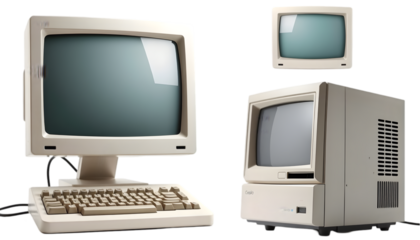 Vintage desktop computers with blank screens cut-out on a white background. Retro monitors, keyboards, and towers. Perfect for tech, history, and digital evolution themes.
