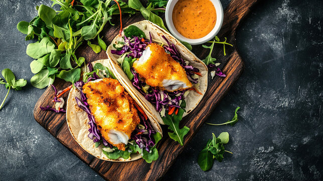 grilled salmon nacos with vegetables on the wooden board