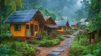 Solar panels illuminate a remote eco-village embracing off-grid living in harmony with nature