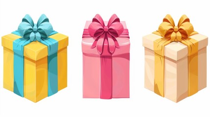 Obraz premium Three colorful gift boxes with ribbons and bows isolated on white background.