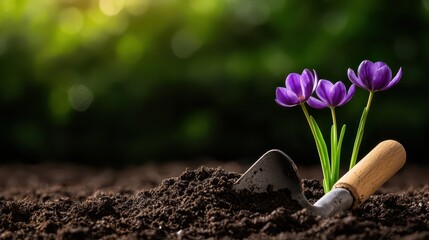 A close-up of blooming purple flowers emerging from rich soil with a garden trowel.