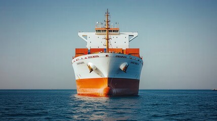 A large cargo ship is anchored in calm waters, showcasing its bow and colorful containers against a clear sky.