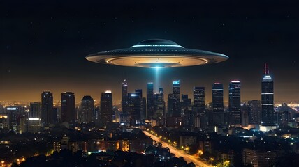 Multiple UFOs appearing above a sprawling cityscape at twilight,Generative Ai
