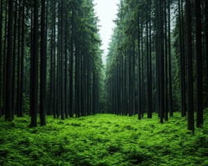 Fototapeta premium A serene forest scene featuring tall trees and lush green ferns, creating a tranquil atmosphere.