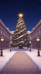 A beautifully decorated Christmas tree stands in a snowy courtyard, surrounded by elegant buildings and glowing street lamps under a starry night sky, creating a festive atmosphere.