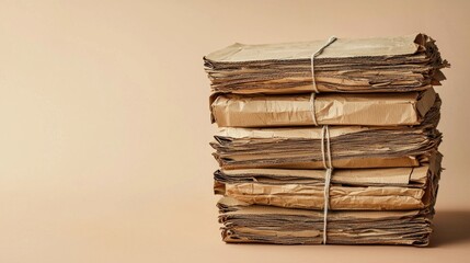 Stacked Bundle of Old Aged Documents with Yellowing Pages Tied with Twine on Neutral Background, Symbolizing Vintage and Historical Records Preservation