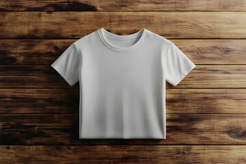 Folded white t-shirt on brown wooden background.