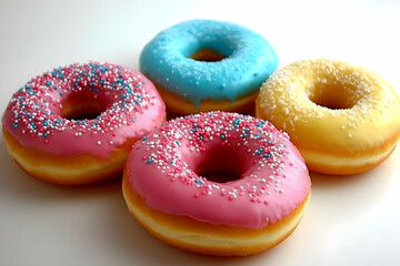 Four assorted donuts; pink, blue, and yellow icing with sprinkles.