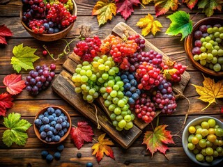 Overhead view: Lush red and green organic grapes, ready for autumn harvest; a winemaking concept unfolds.