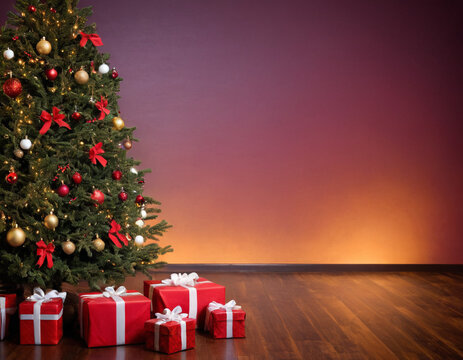 close up of christmas tree with red and green ornaments, presents the tree