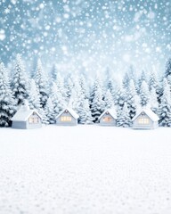 A serene winter scene featuring snow-covered houses surrounded by pine trees, evoking a cozy and peaceful atmosphere amidst falling snowflakes.