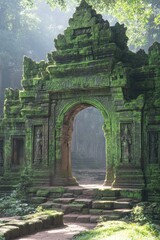 Fototapeta premium Moss Covered Ancient Stone Archway Gateway Temple Ruins