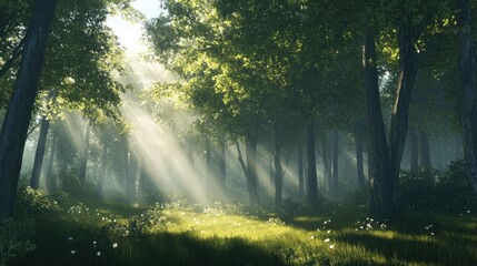 Obraz premium Sunbeams Through the Misty Forest